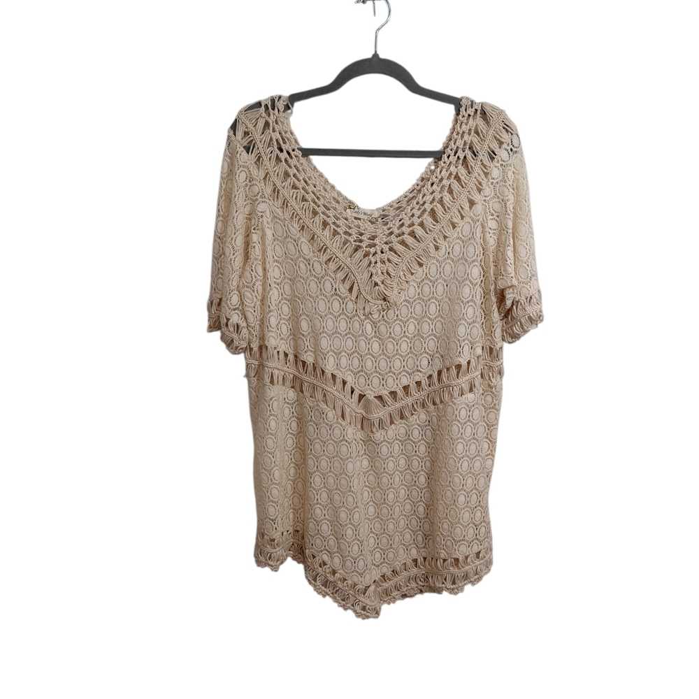 Boho Crochet V-Neck Tunic Top in Beige 👚